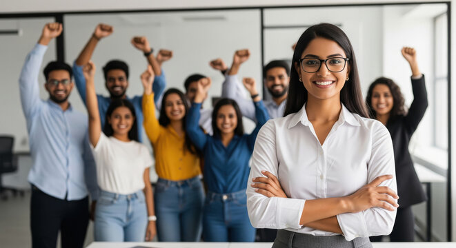A confident Indian businesswoman stands at the front with her arms crossed