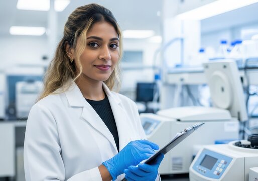 Scientist in a lab coat and gloves holding a clipboard