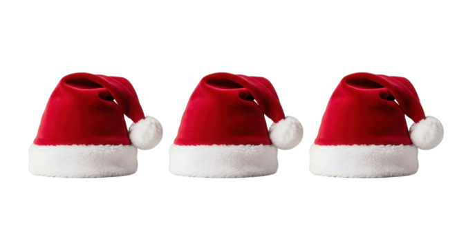 Three classic red velvet Santa Claus hats isolated for festive holiday design and Christmas advertising. isolated PNG with Transparent Background