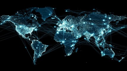 Global network connections light up world map showing dynamic international trade routes and digital communication flows
