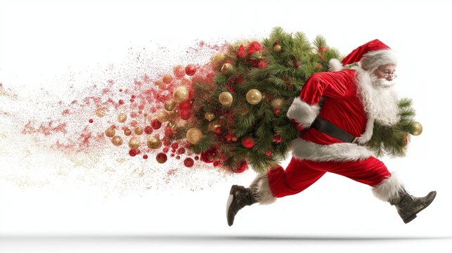 Santa runs carrying christmas tree exploding into red and gold ornaments. Concept of festive motion, winter tradition, and holiday delivery energy