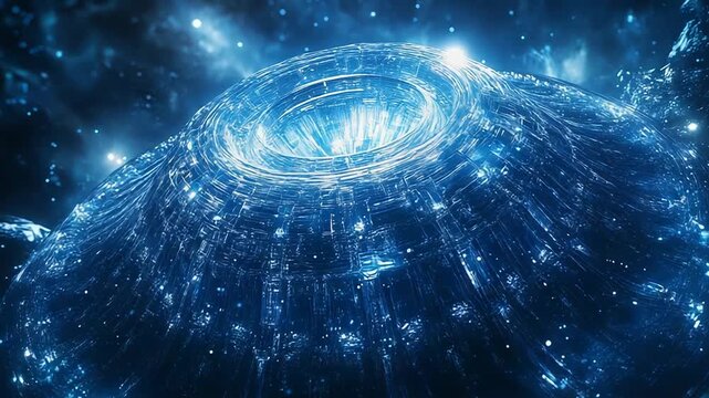 Futuristic alien ufo spaceship hovering in deep space with blue energy
