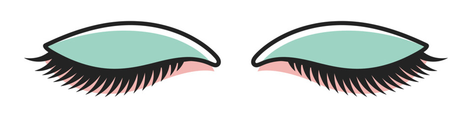 Fototapeta premium Stylized illustration of closed eyes with vibrant teal eyeshadow and long black lashes