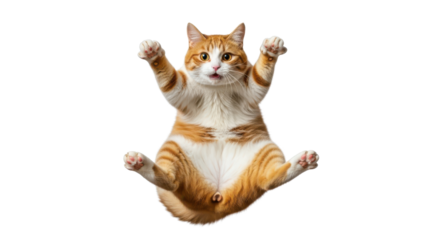 Funny orange tabby cat jumping or falling with startled face and paws raised isolated PNG with Transparent Background