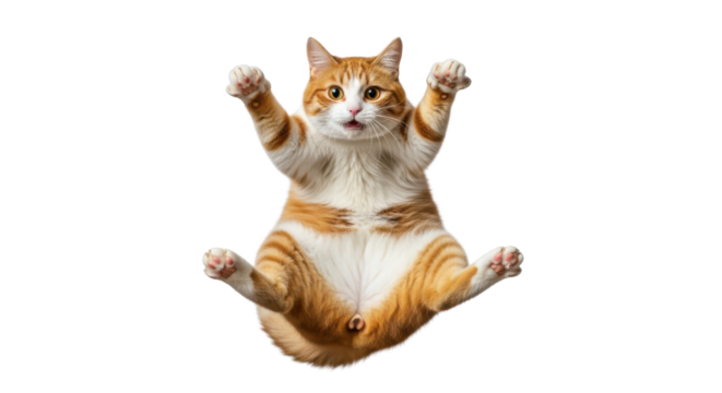 Funny orange tabby cat jumping or falling with startled face and paws raised isolated PNG with Transparent Background