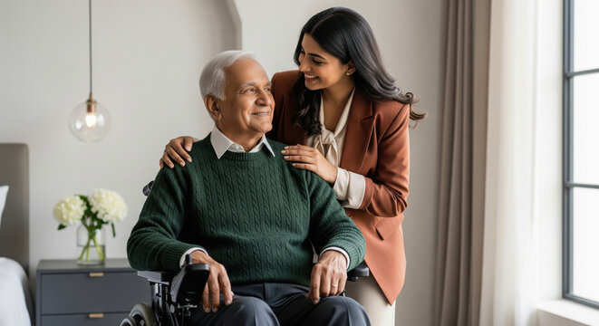 A loving Indian woman warmly supports her elderly father in a wheelchair, sharing a happy and caring moment