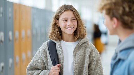 Smiling teenage European girl with short light brown hair stands in bright school corridor with lockers. Concept of youth, education, friendship, and student lifestyle