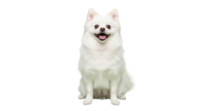 Cute fluffy white Pomeranian dog sitting and smiling looking directly at the camera. isolated PNG with Transparent Background - Powered by Adobe