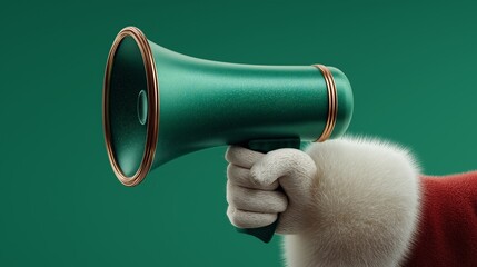 Santa’s hand in red sleeve and white fur glove holds shiny green megaphone against matching background. Concept of christmas announcement, sale, and festive holiday communication
