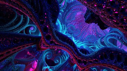 Immersive abstract fractal tunnel with vibrant neon blue and magenta lights creating a futuristic, otherworldly journey