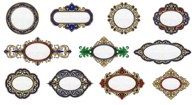 Collection of ornate vintage frames and luxury baroque labels vector set for wedding invitation design isolated PNG with Transparent Background
