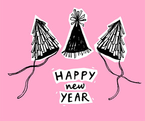 Festive party hats and handwritten lettering happy new year