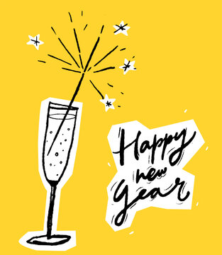 Glass of champagne with a sparkle and hand lettering Happy new year