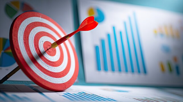 A dart hitting the center of a target, with colorful graphs and charts in the background, symbolizing precision and goal achievement in business.