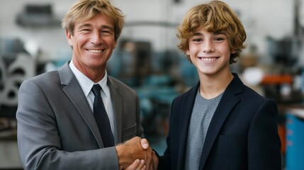 A joyful handshake takes place between a confident businessman and a young individual, illustrating teamwork and mentoring in a vibrant workshop setting filled with tools and machinery