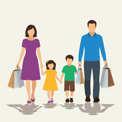 Vector illustration of a family with two children holding hands and carrying shopping bags.