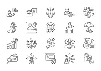 Investment thin line icon set. Containing investor, portfolio, asset, venture capital, dividend, investment, volatility, economy, stock, risk management. Vector illustration