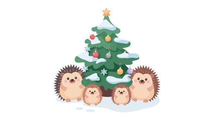 Festive hedgehog family near christmas tree: A charming illustration featuring a hedgehog family standing together near a beautifully decorated christmas tree with snow-covered branches and ornaments.