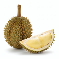 Close-up of durian fruit with one whole spiky shell and an opened section revealing creamy yellow flesh, isolated on a pure white background — detailed exotic fruit texture.