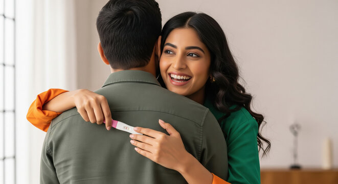 An Indian couple lovingly embraces as the woman reveals a positive pregnancy test, marking a joyful and emotional new beginning.