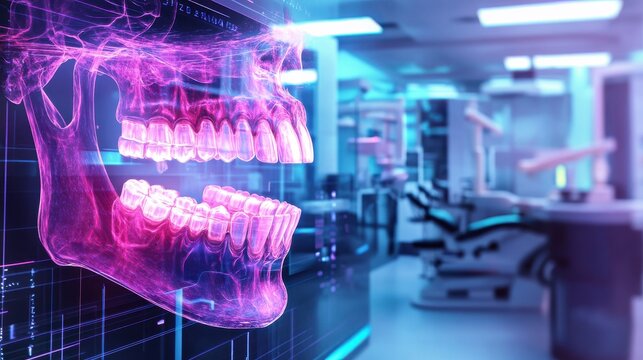 Futuristic holographic 3D visualization of a human skull - Powered by Adobe