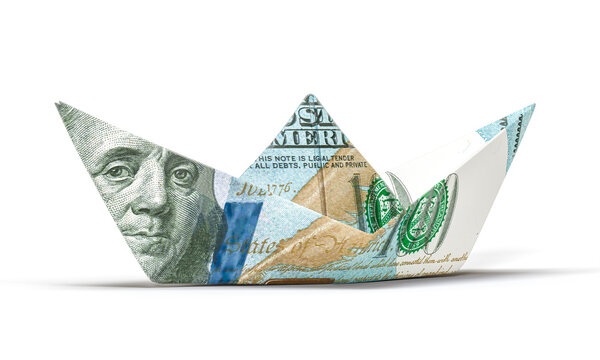 Dollar bill origami boat sailing finance concept 3d