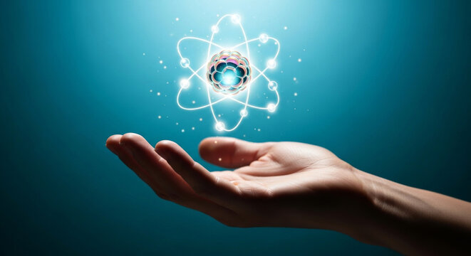 A glowing atom model floats above an outstretched hand, set against a gradient teal background. Illustrates science, technology and conceptual ideas. - Powered by Adobe
