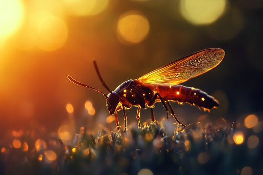 Generative AI macro image of wasp insect on flower in summer forest glowing in warm sunset light with vivid colors