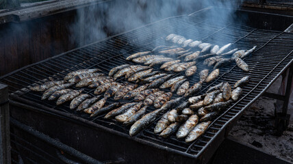 Sardines grilling over smoky barbecue, outdoor Portuguese food festival