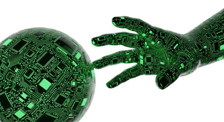 A digital hand reaches for a technological globe with a circuit board pattern, set against a clean white background, representing futuristic connection and artificial intelligence.