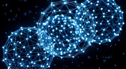 Three abstract blue network spheres glow against a black background, connected by lines and dots, representing digital data and technological connections in a modern design.