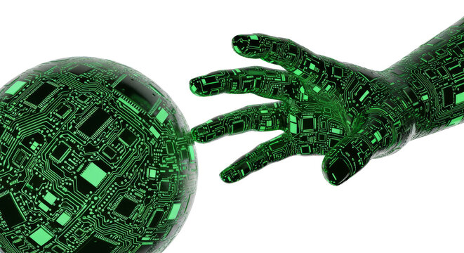 A digital hand reaches for a technological globe with a circuit board pattern, set against a clean white background, representing futuristic connection and artificial intelligence.