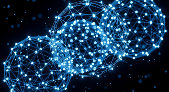 Three abstract blue network spheres glow against a black background, connected by lines and dots, representing digital data and technological connections in a modern design.
