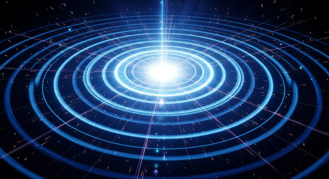 Abstract background featuring glowing blue rings pattern and a central light beam on a dark backdrop, suggesting futuristic energy technology and modern digital design. - Powered by Adobe