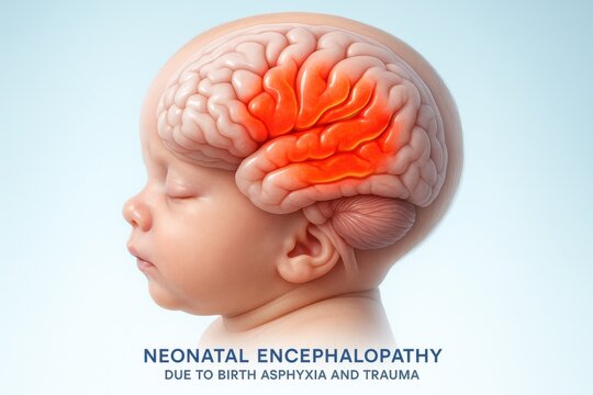 Neonatal Encephalopathy from Birth Asphyxia and Brain Trauma 3D. Medical 3D illustration showing a newborn baby's head and brain, highlighting severe cerebral damage caused by neonatal encephalopathy