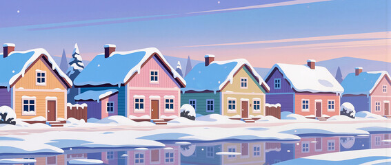 Cozy winter houses line a peaceful river under a pastel sky