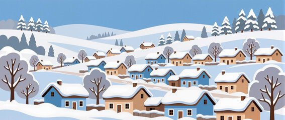 Snow-covered village nestled in the winter landscape with blue houses