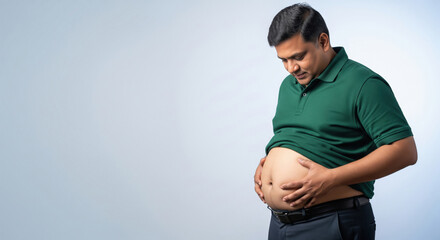 A thoughtful overweight Indian man examines his belly, highlighting health, lifestyle, and wellness