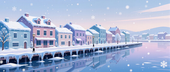Charming winter village with colorful homes and serene river