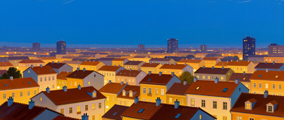 Cityscape at dusk with warm lights illuminating rooftops and buildings