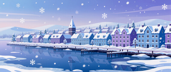 Winter wonderland with colorful houses by a serene lake