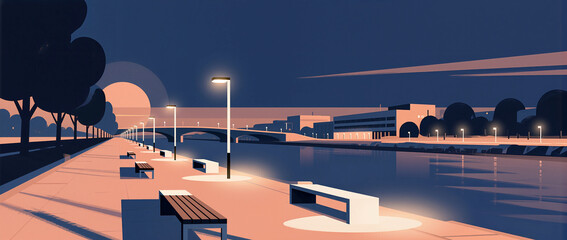 Evening stroll by the river under the setting sun