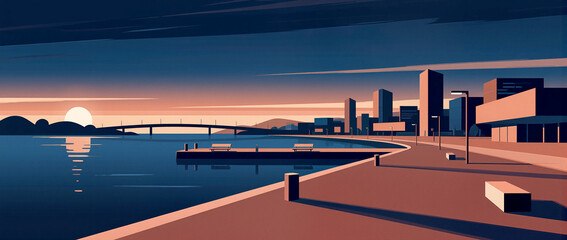 Serene sunset over riverside skyline with calm waters and silhouettes