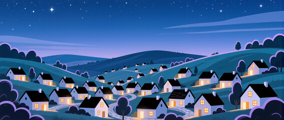 Charming village under a starry night sky in serene countryside