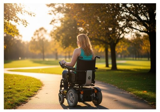 Woman in electric wheelchair enjoying a sunny autumn day in the park