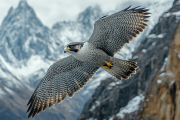 Majestic hawk flying above snowy alpine mountain cliffs with dramatic wingspan, wild winter landscape, generative ai art