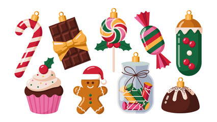 Festive Treats: An array of delightful Christmas sweets and ornaments, candy cane, gingerbread, chocolate and lollipop, cupcake, perfect for holiday season.