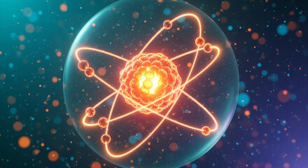 Detailed atomic model with glowing orbitals and energetic core displayed on a gradient background, ideal for illustrating scientific concepts and energy.