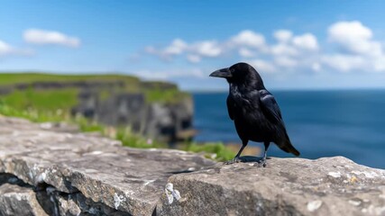 Black bird perching on stone wall overlooking ocean cliff under blue sky - Powered by Adobe