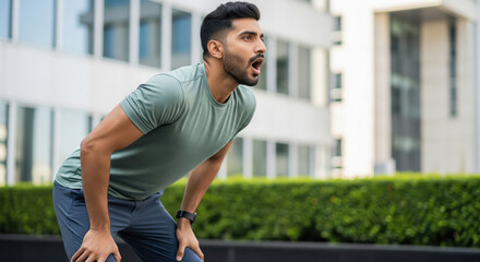 A young Indian man stands outdoors, visibly exhausted after exercising, breath with hands on knees in a modern urban setting.